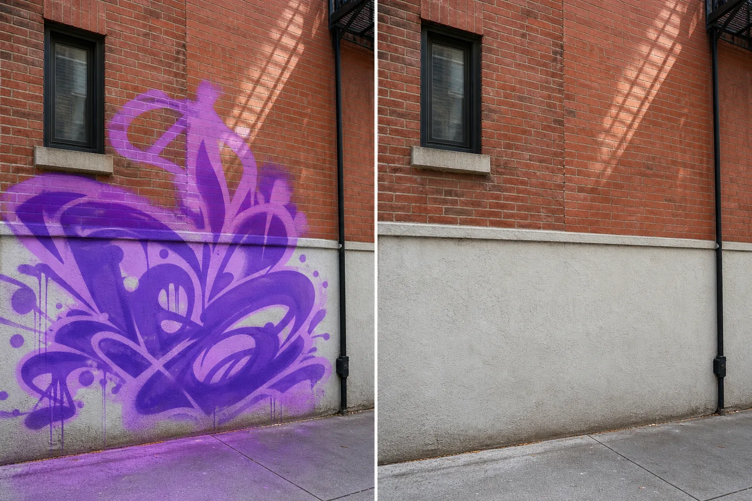 Before and after removing abstract graffiti from a brick and stucco exterior wall