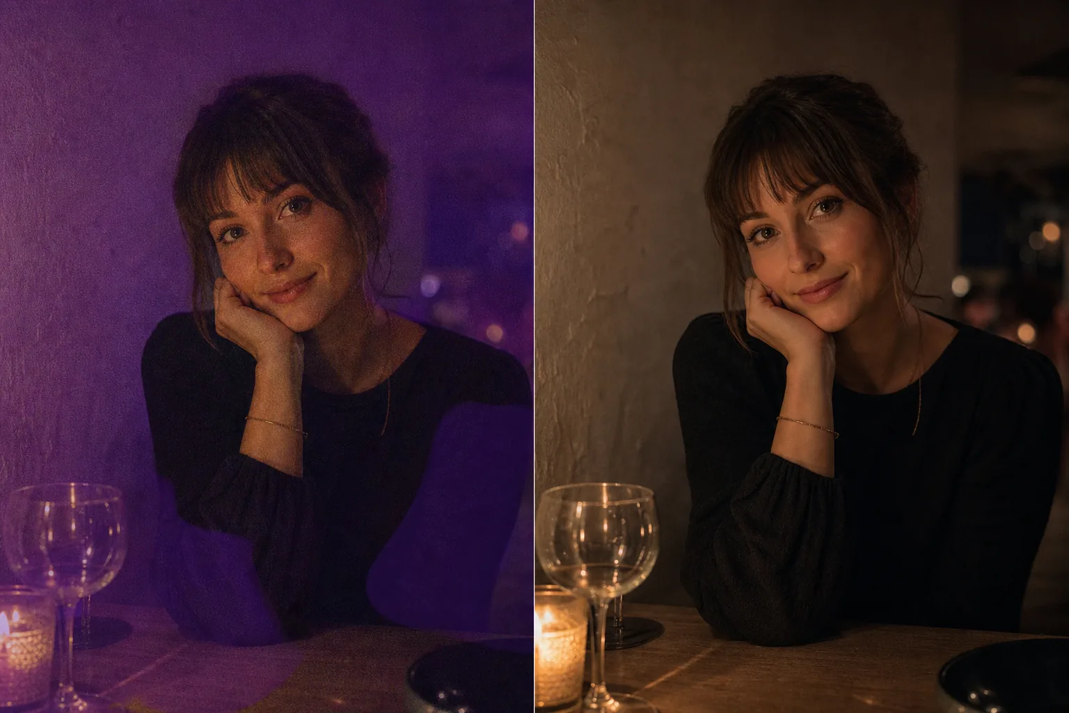 Before and after low-light restaurant portrait showing film-like grain reduced while detail remains natural