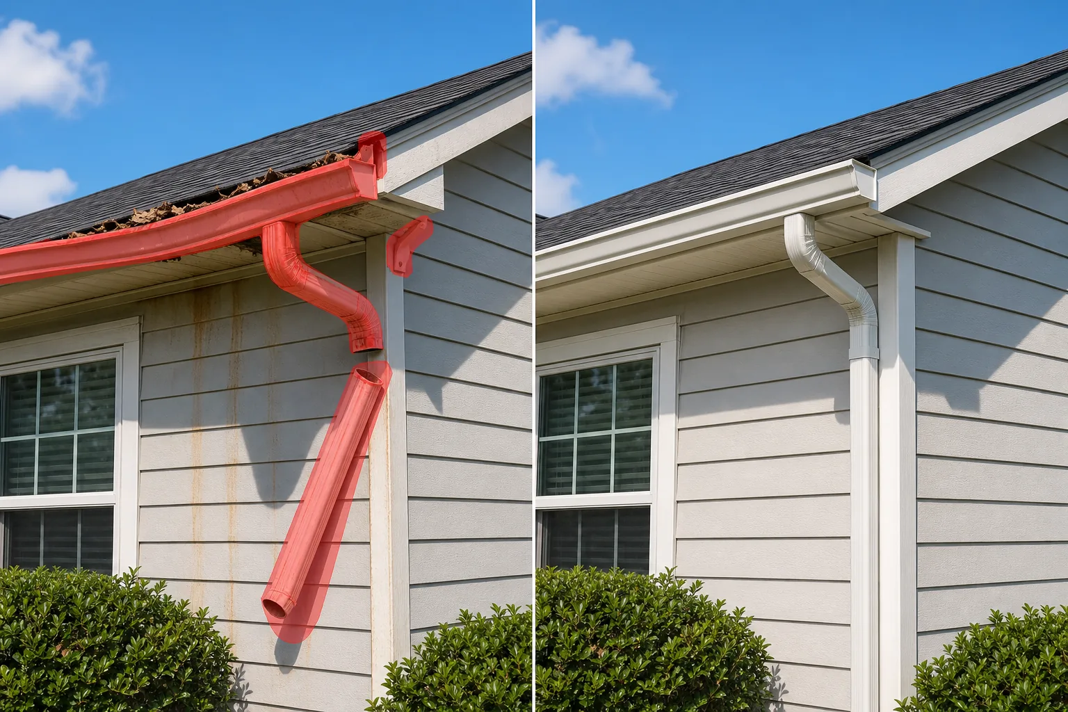 Before and after house exterior photo showing brushed damaged gutters, stains, and downspout sections cleaned from the roofline