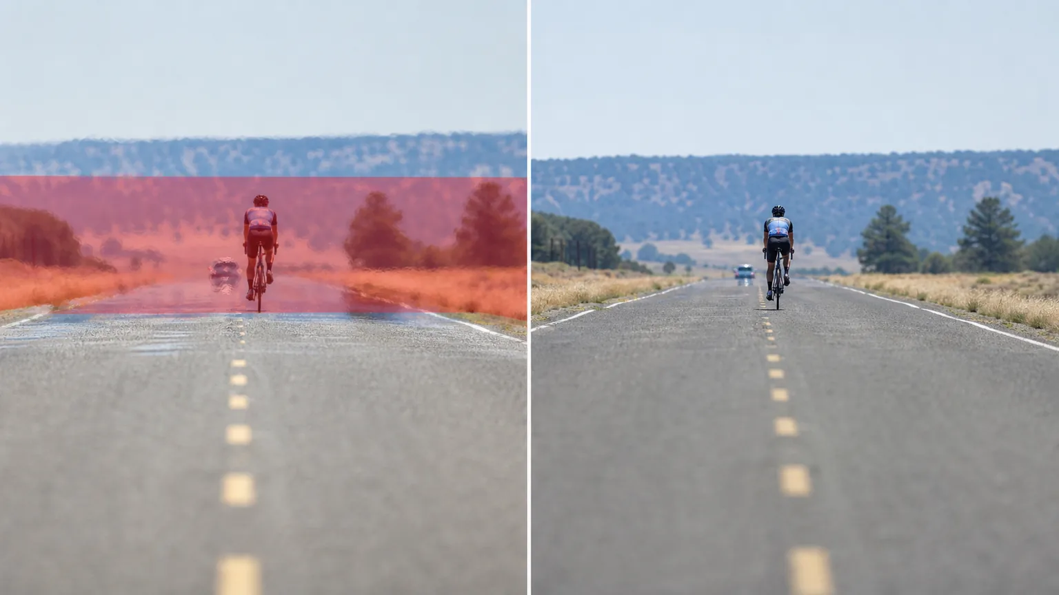 Before and after road photo showing a brushed heat-haze shimmer band stabilized around a cyclist