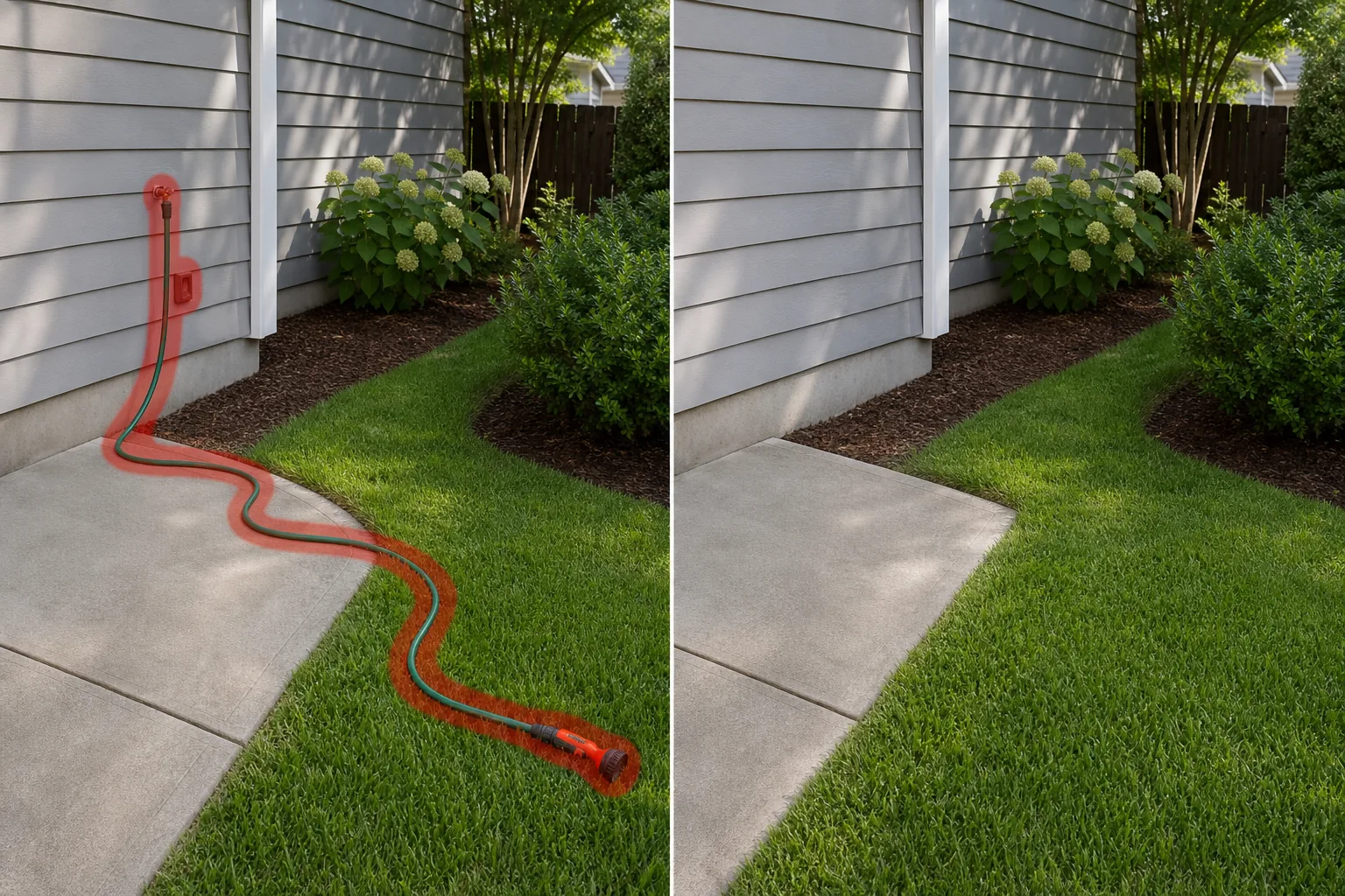 Before and after yard photo showing a brushed garden hose, nozzle, and wall connection removed from lawn and patio