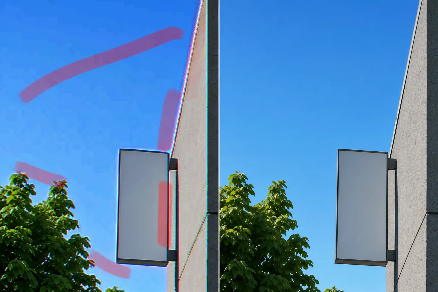 Before and after photo showing blocky sky artifacts and edge ringing brushed and cleaned up