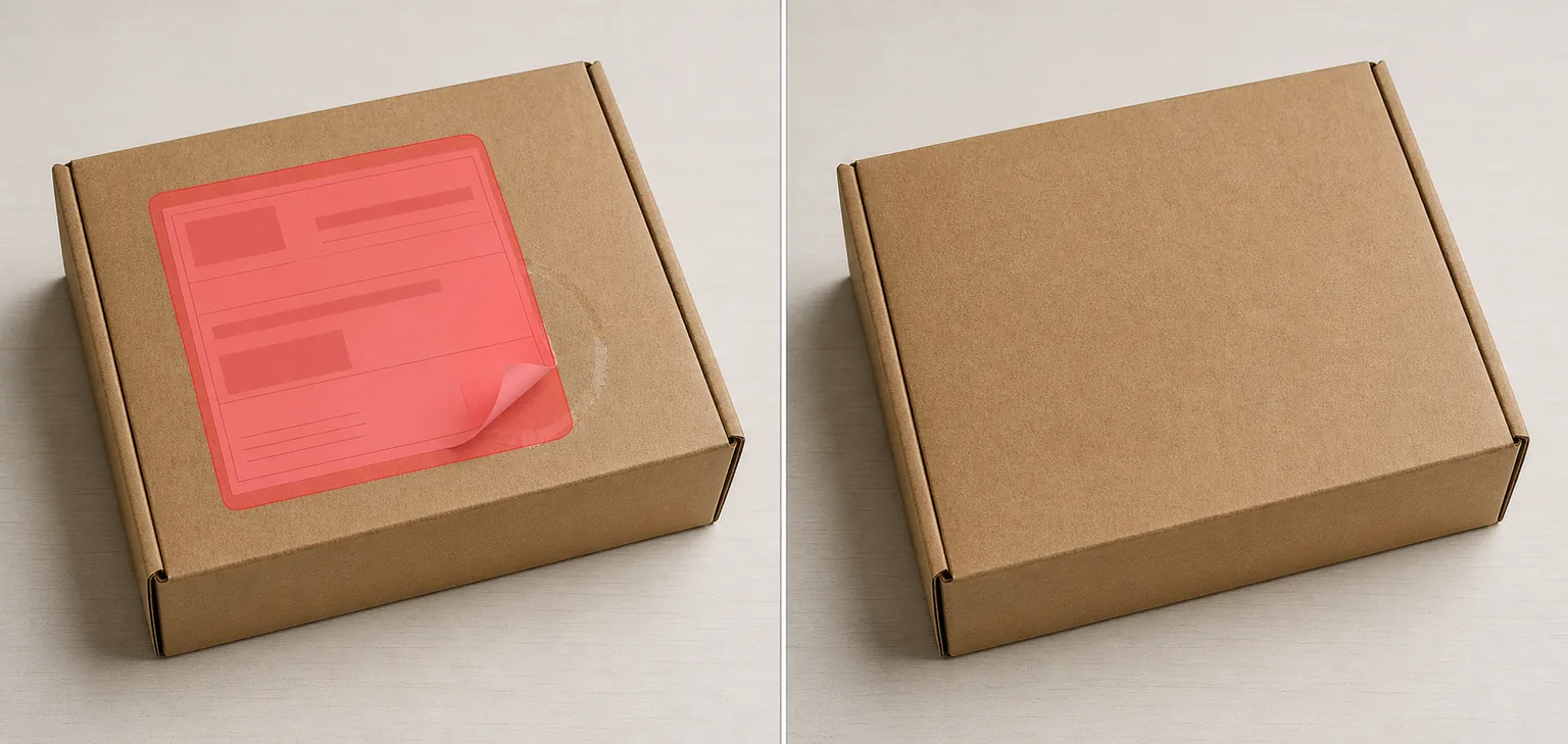 Before and after parcel photo showing a masked shipping label removed from a cardboard box