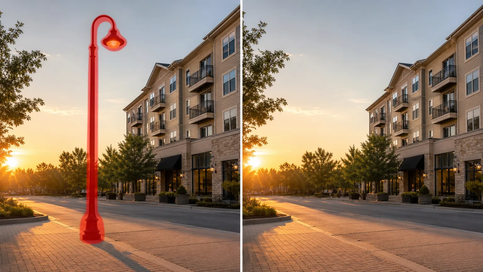 Before and after street photo showing a brushed lamppost removed from a sunset building exterior