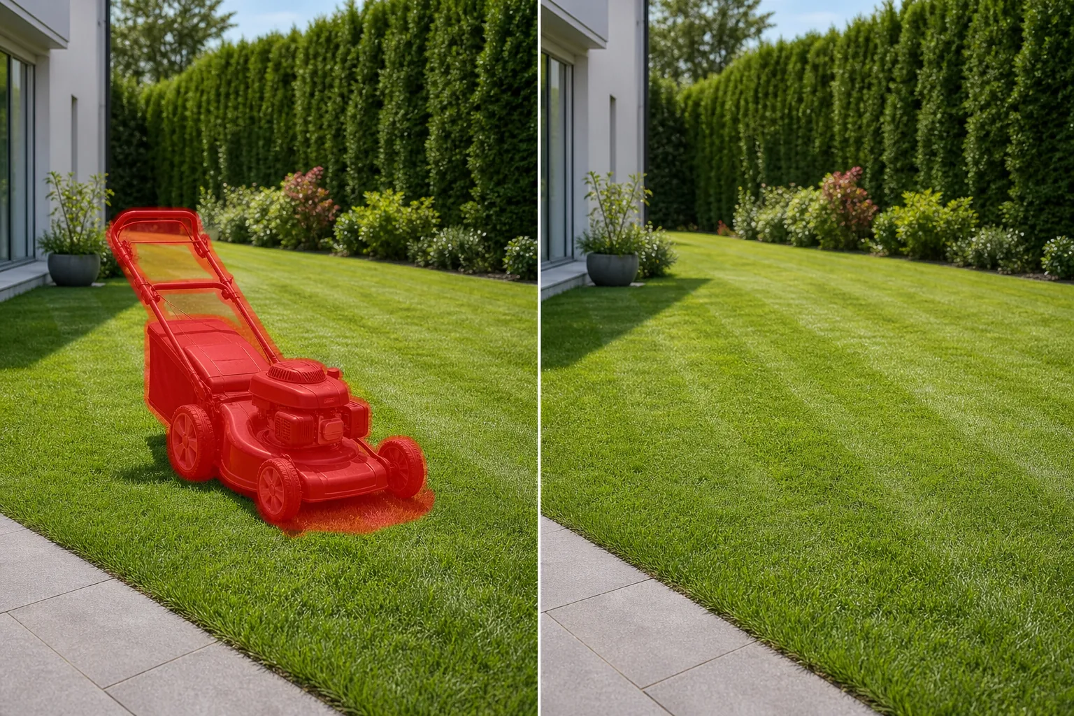 Before and after backyard photo showing a brushed lawn mower removed and matching grass restored