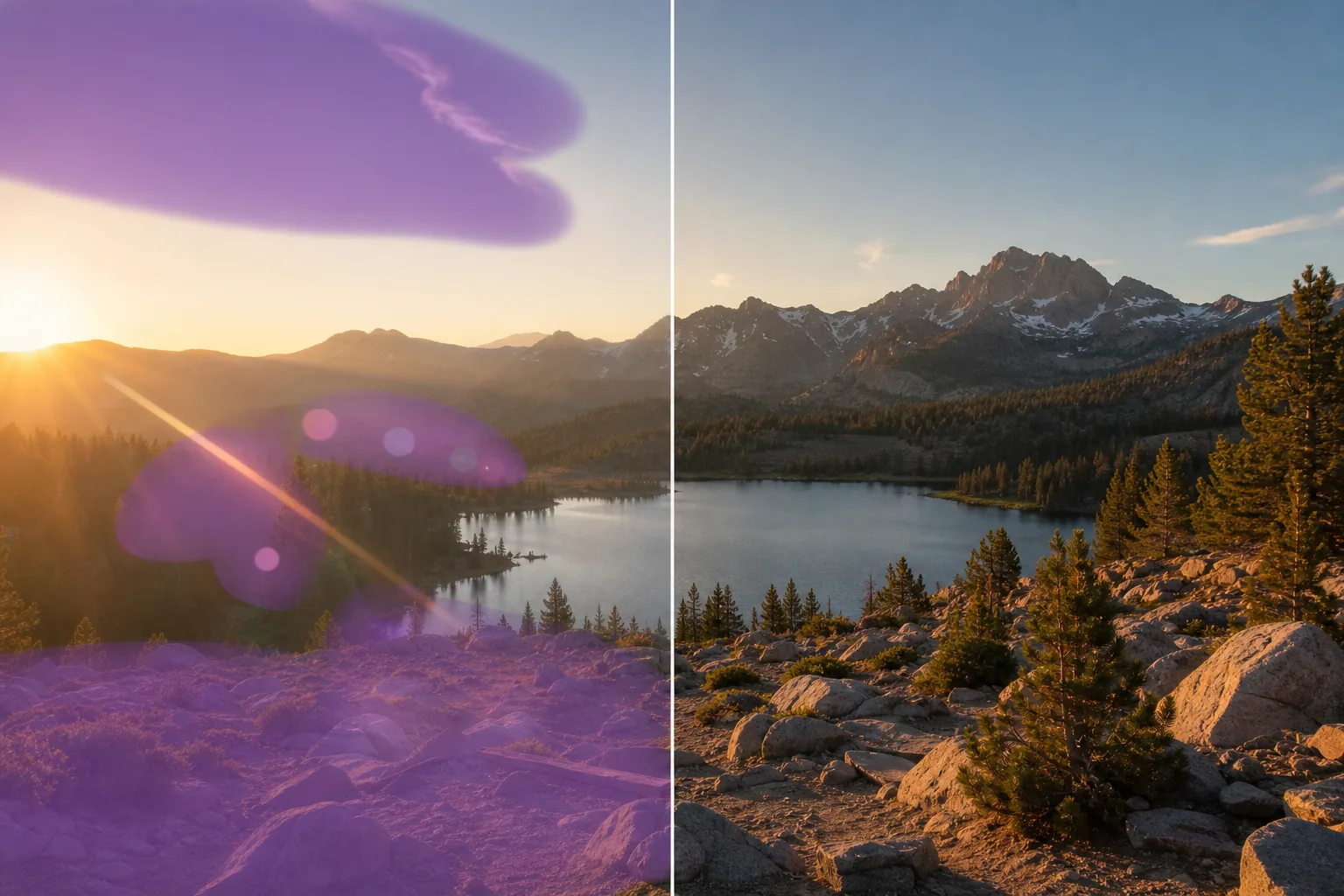 Before and after landscape photo showing lens flare artifacts masked for removal and natural sky detail restored