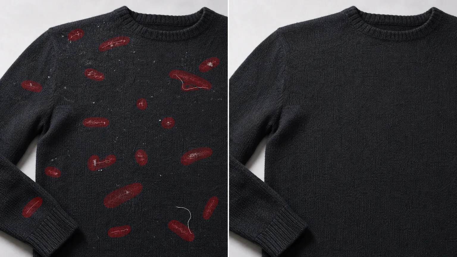 Before and after dark sweater photo showing lint, pet hair, and loose fibers masked and removed
