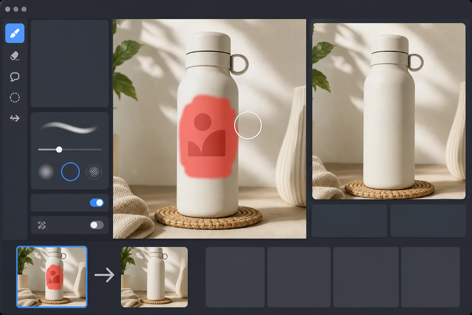 AI photo editor brushing over an abstract logo mark on a product bottle and previewing the clean surface