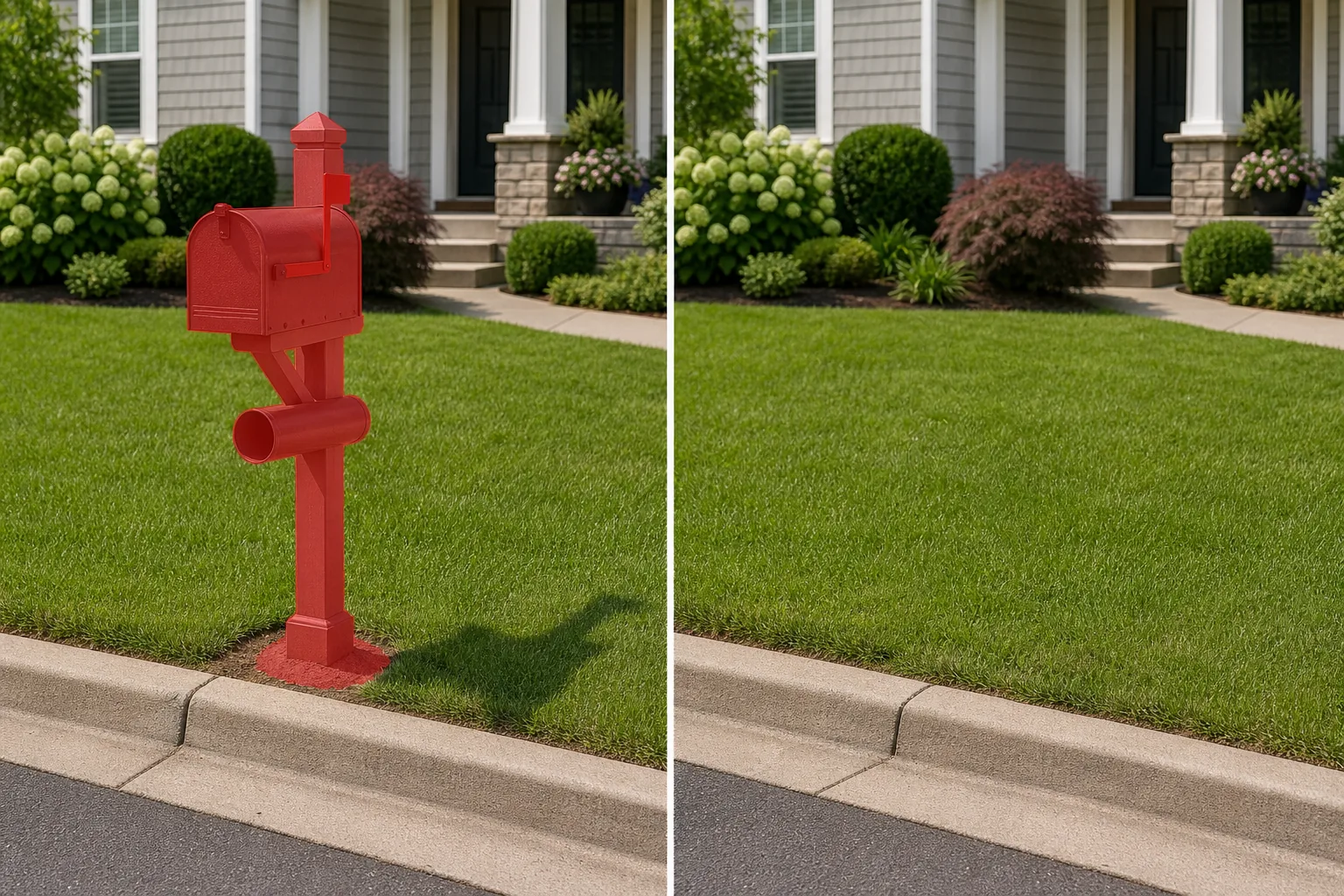 Before and after front yard photo showing a brushed mailbox post removed and lawn and curb restored