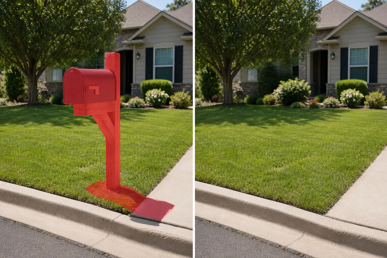 Before and after curbside real estate photo showing a brushed mailbox and post removed and lawn and driveway edge restored