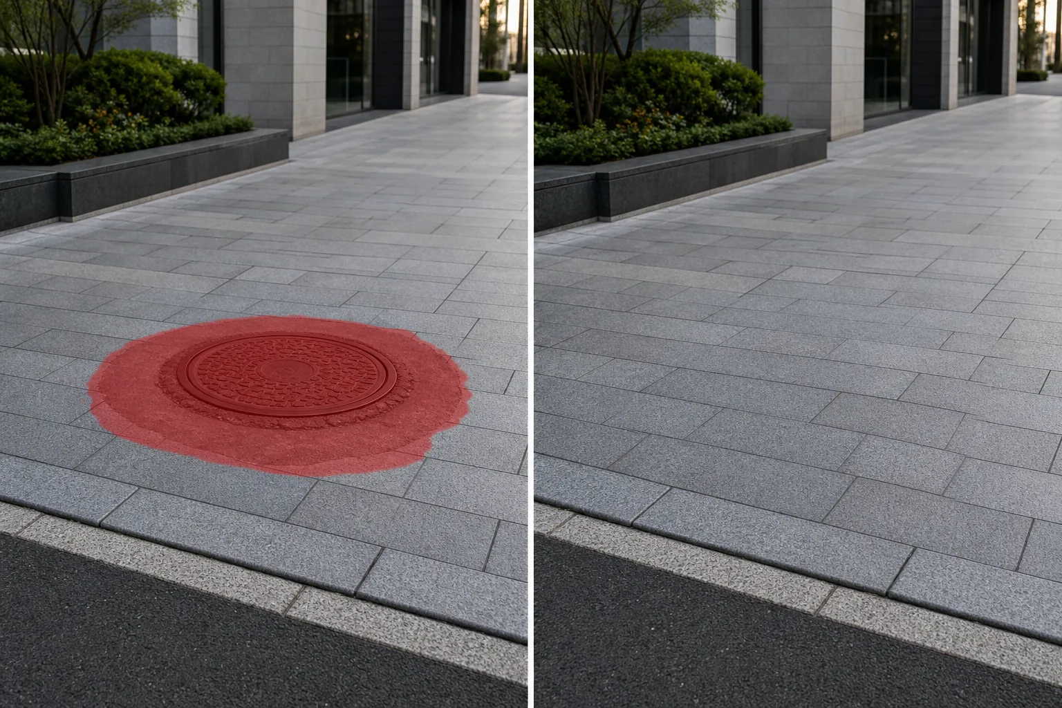 Before and after plaza paving photo showing a brushed manhole cover removed and stone paver joints restored