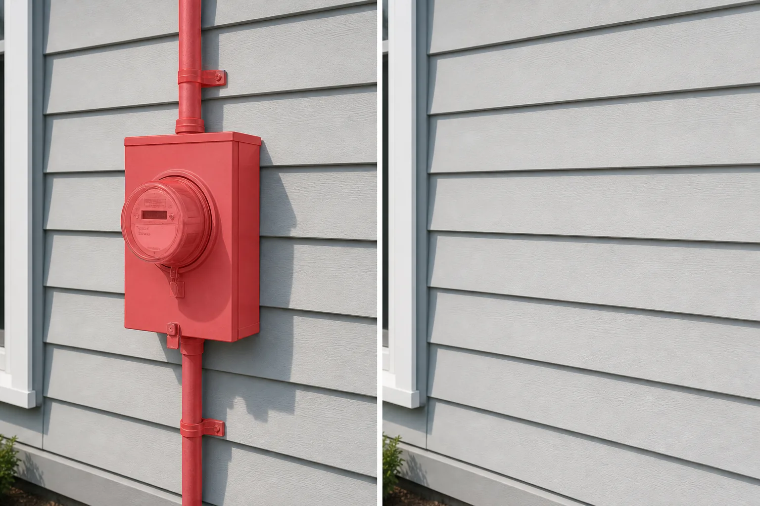 Before and after house siding photo showing a brushed utility meter and conduit removed and wall texture restored