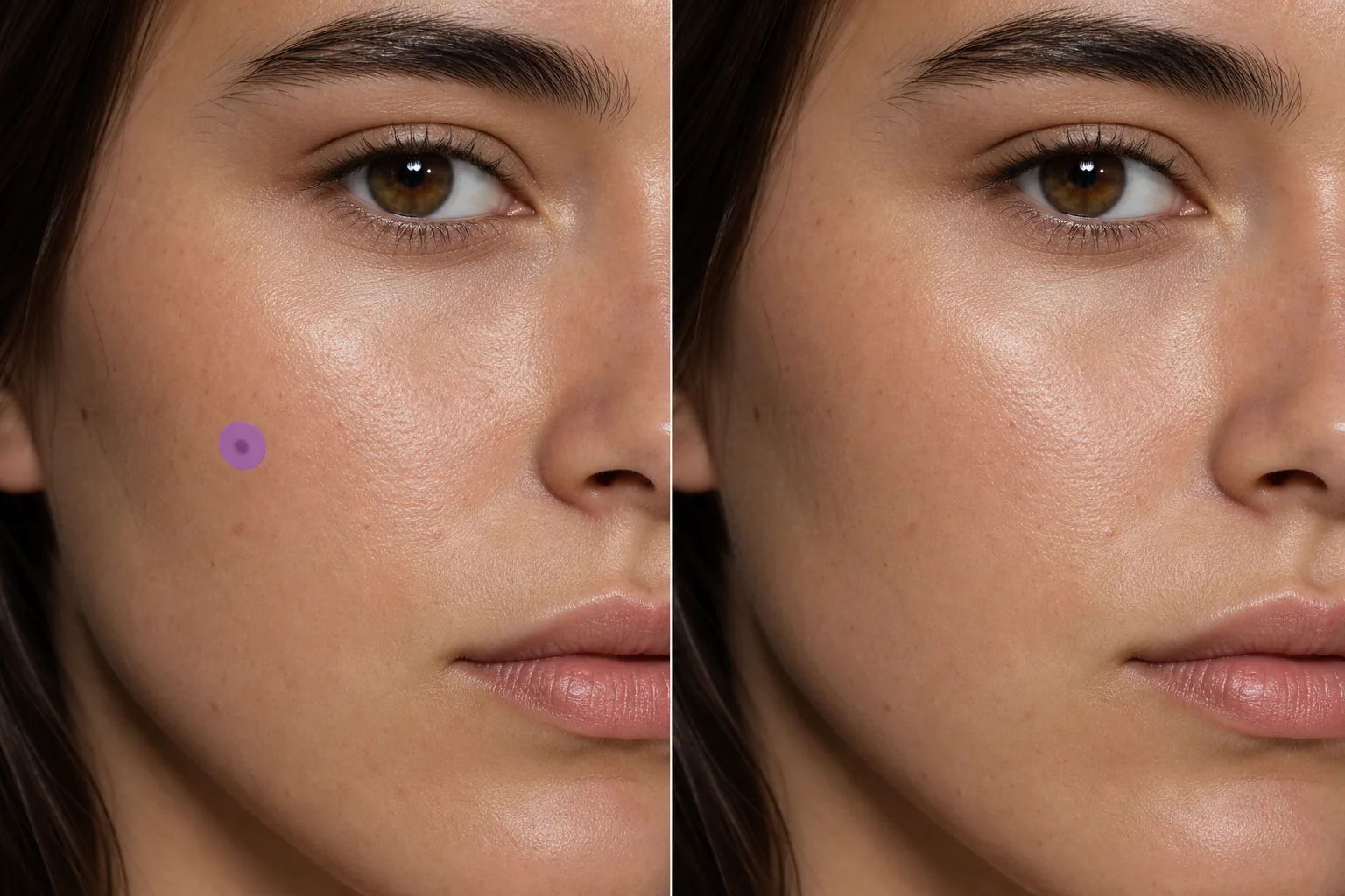 Before and after close-up portrait showing a masked cheek mole removed and natural skin texture restored