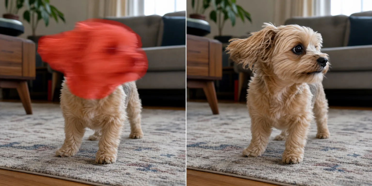 Before and after pet photo showing a motion-blurred dog face masked and sharpened with AI