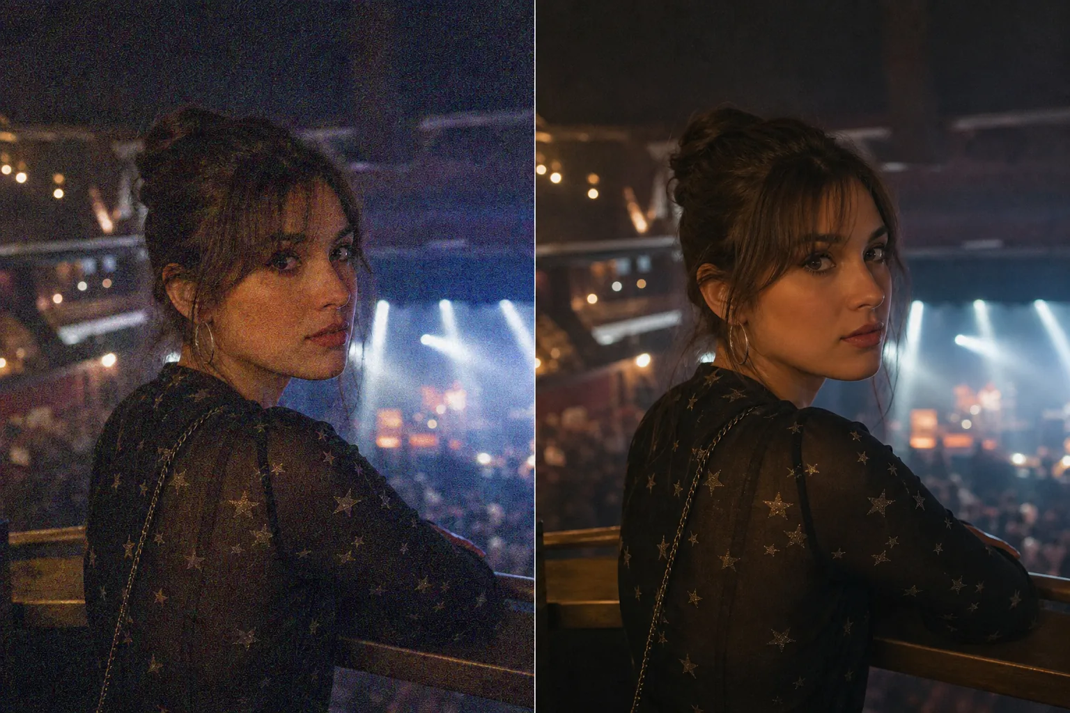 Before and after low-light concert portrait showing heavy image noise removed while details stay sharp