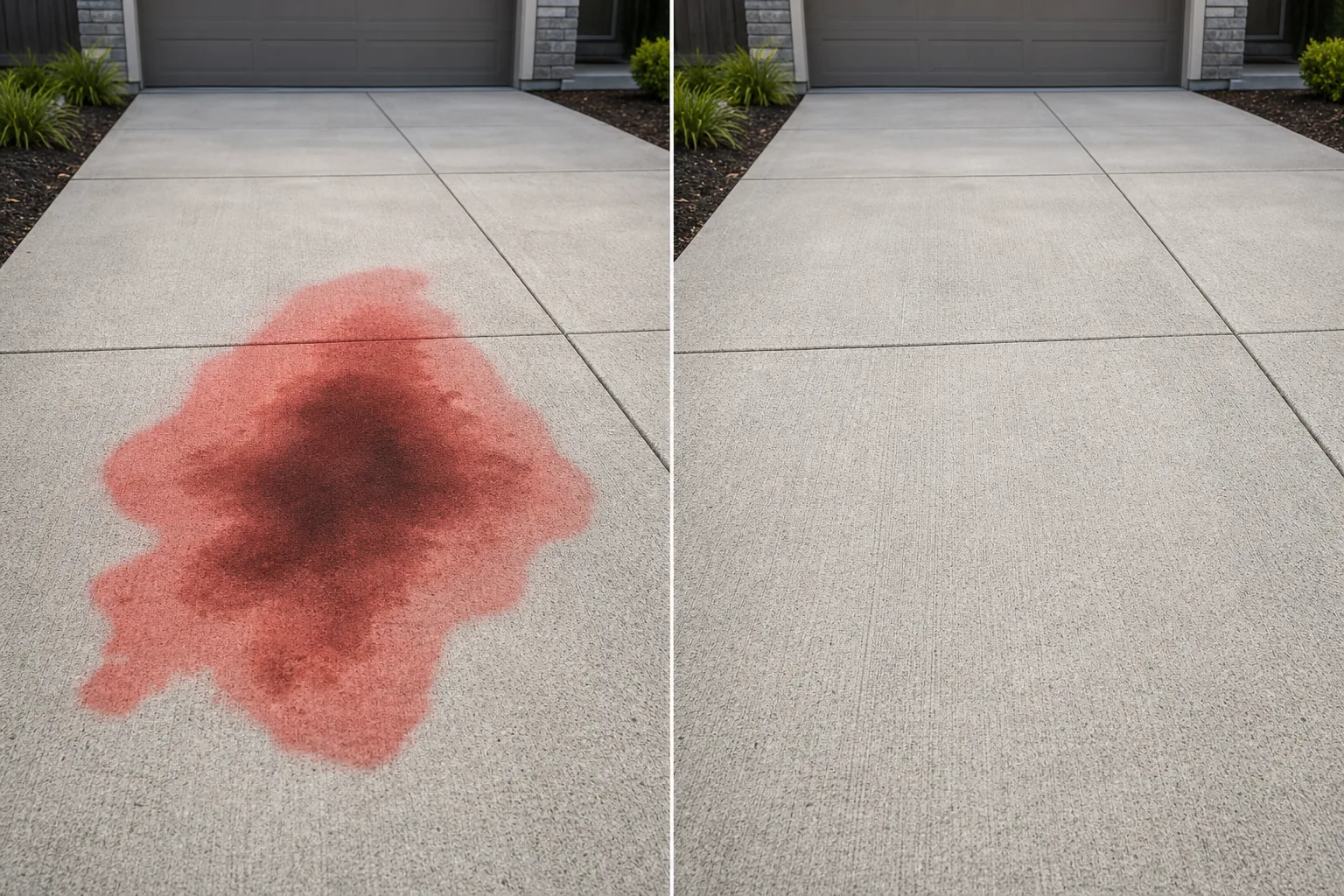 Before and after driveway photo showing a brushed oil stain removed and concrete texture restored