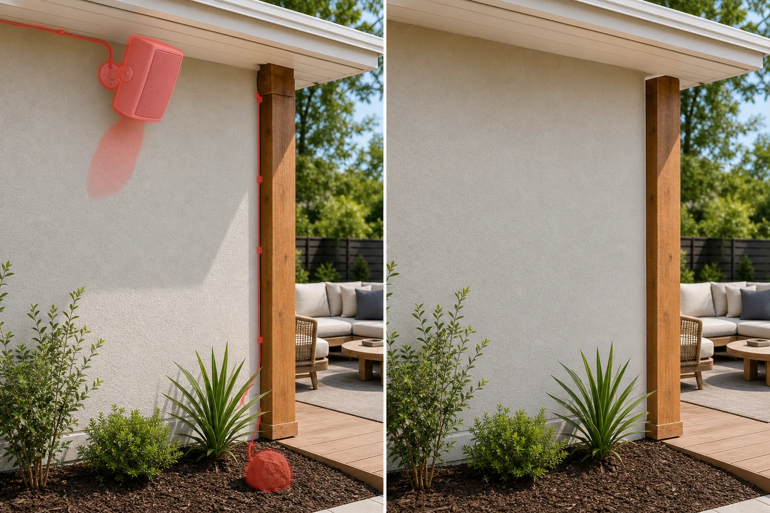 Before and after patio photo showing a brushed outdoor speaker, wiring, and rock speaker removed and wall and garden restored