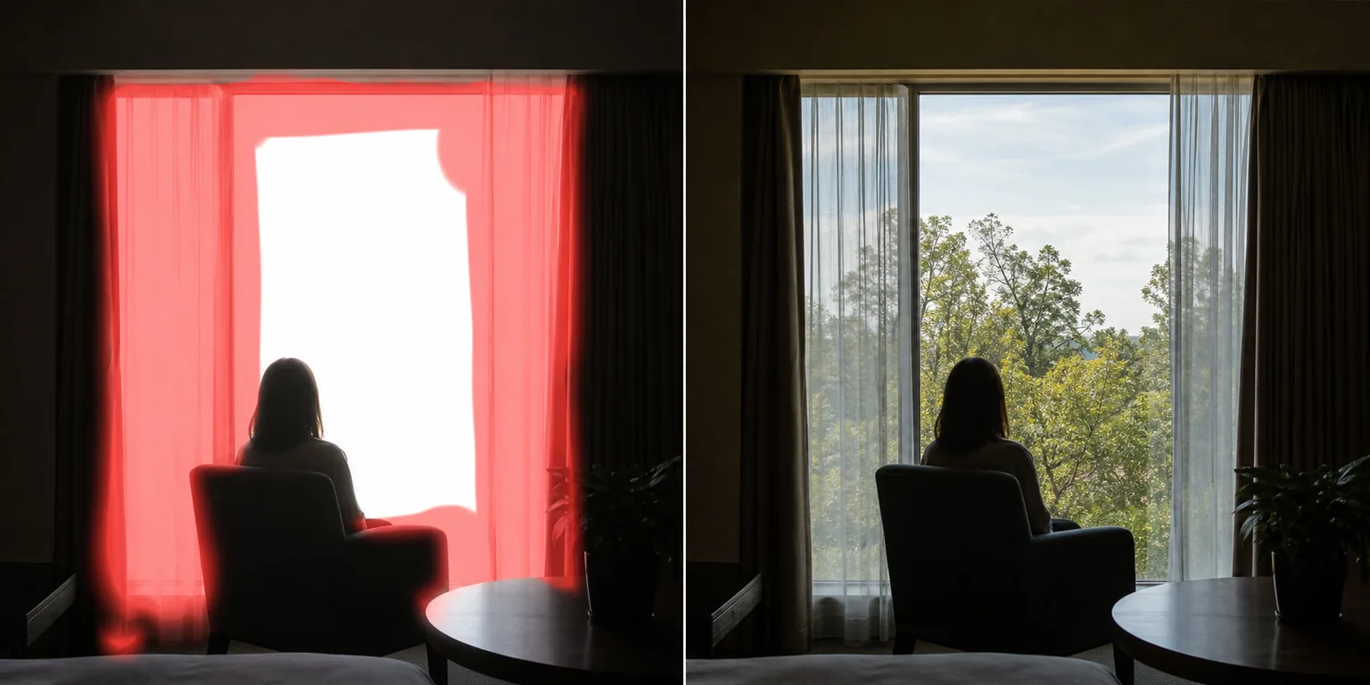 Before and after interior photo showing a blown-out window brushed and repaired with reconstructed outdoor detail