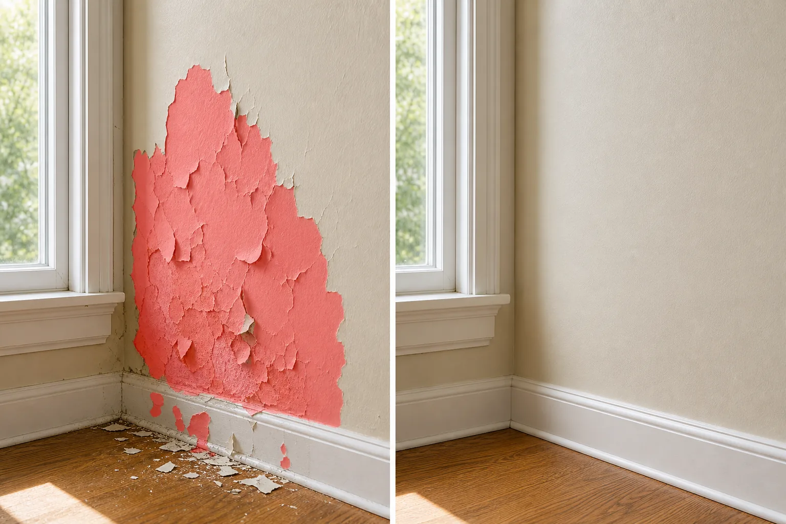 Before and after interior wall photo showing brushed peeling paint removed and smooth matching paint restored