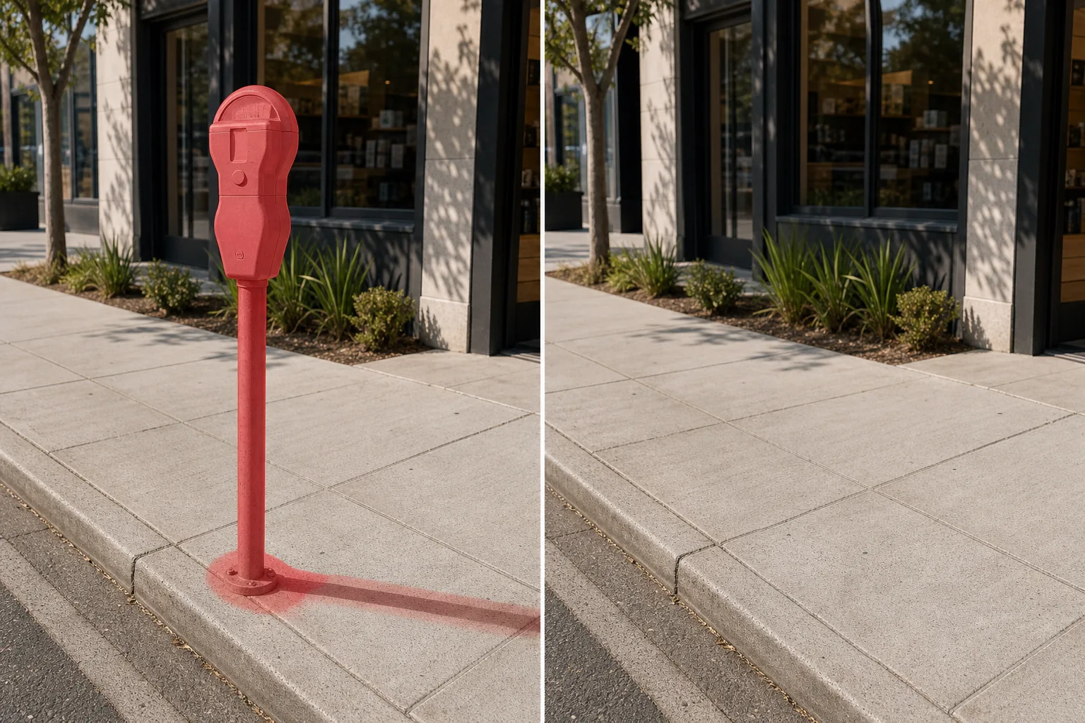 Before and after storefront sidewalk photo showing a brushed parking meter and shadow removed and concrete slabs restored