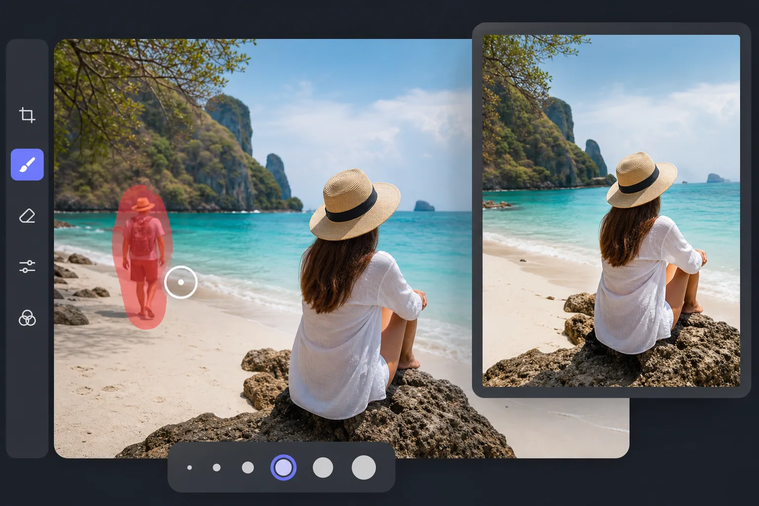 AI photo editor brushing over an unwanted person on a beach photo and previewing the clean result