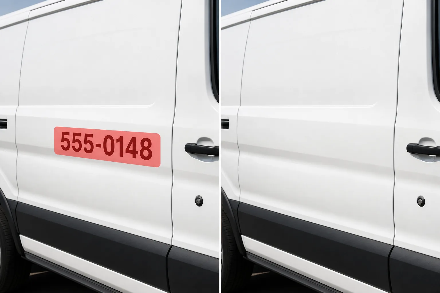Before and after van door photo showing a brushed fake phone number removed and white paint restored