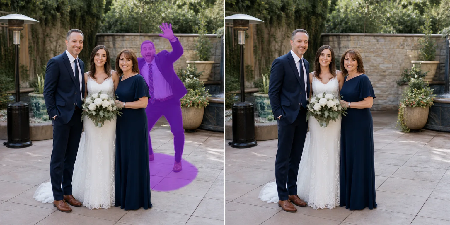 Before and after removing a waving photobomber from a wedding photo