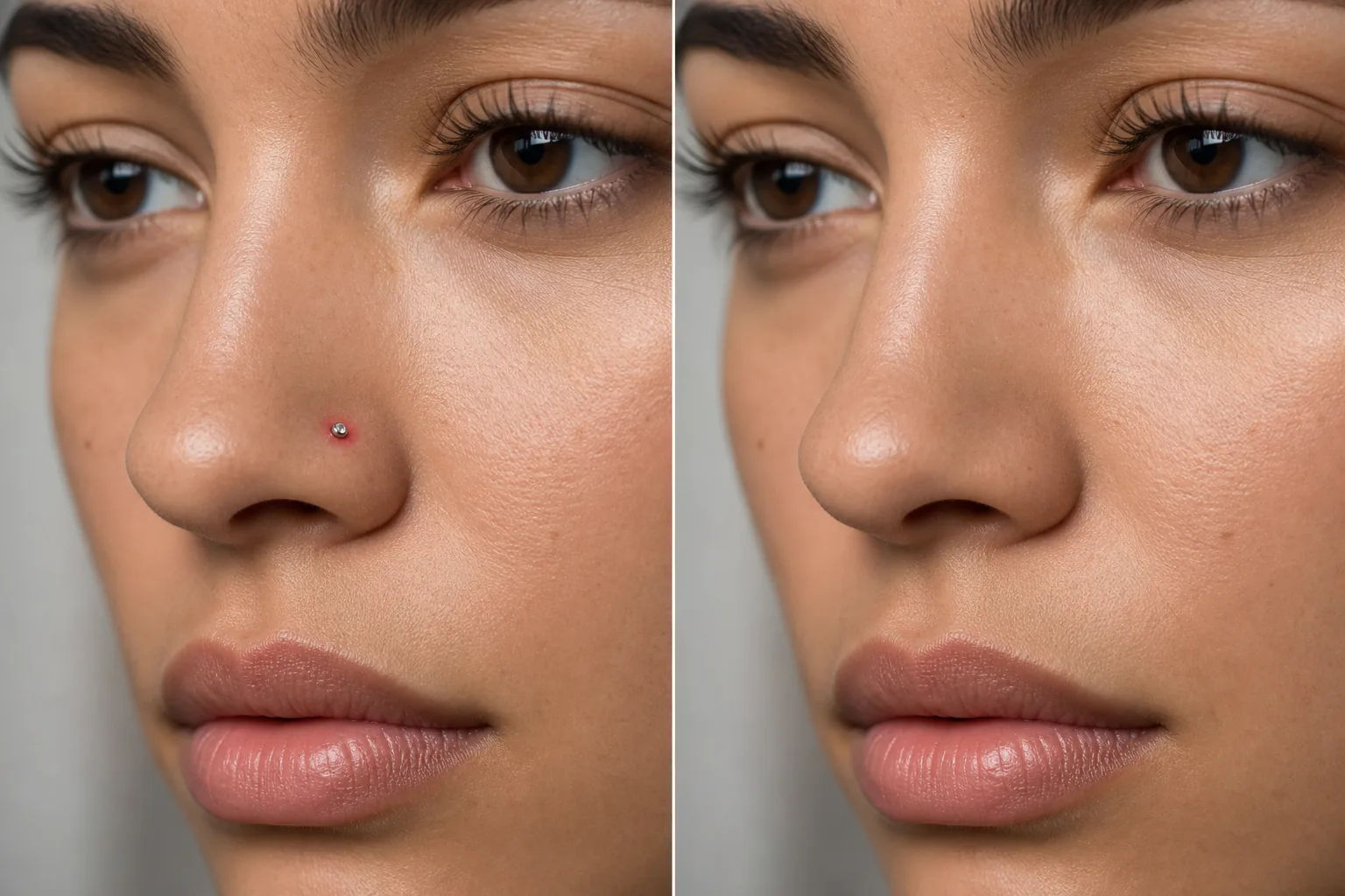 Before and after close-up portrait showing a brushed nose stud removed and natural skin restored