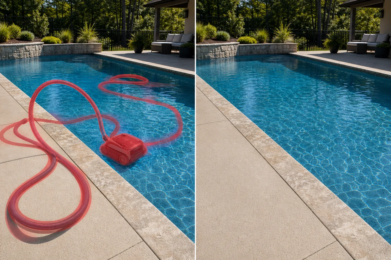 Before and after pool photo showing a brushed vacuum hose and cleaner removed from water and deck