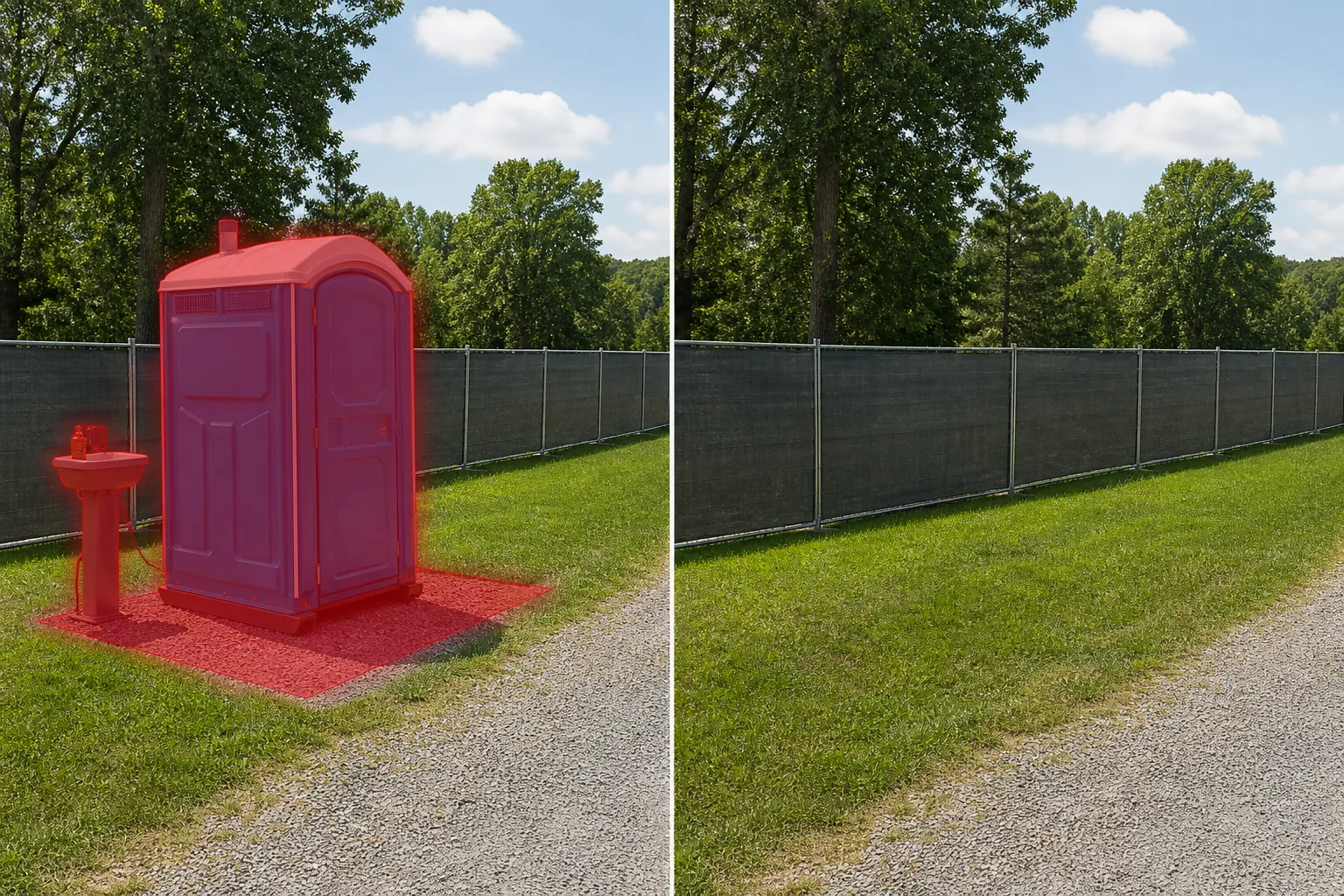 Before and after outdoor venue photo showing a brushed portable toilet and hand-wash station removed and grass and fence restored