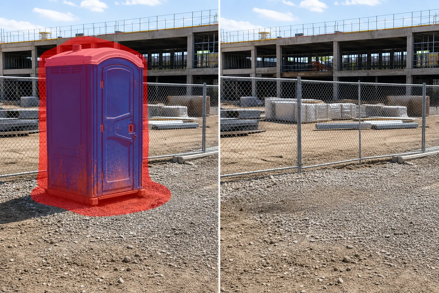 Before and after construction site photo showing a brushed porta-john removed and gravel restored