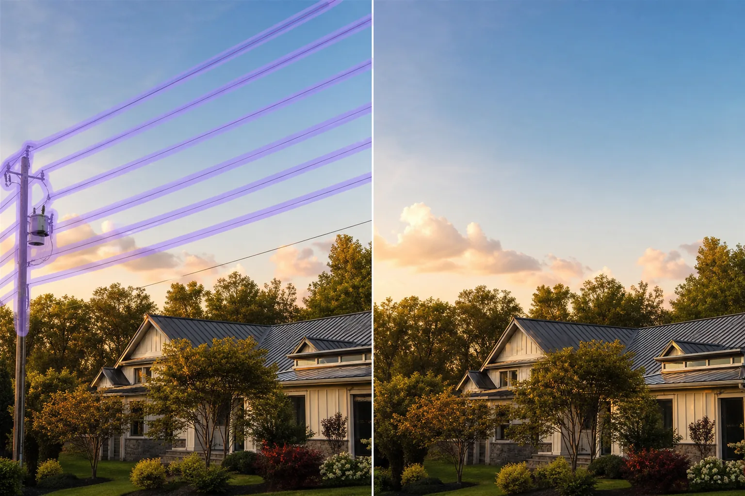 Before and after removing overhead power lines from a real-estate exterior photo
