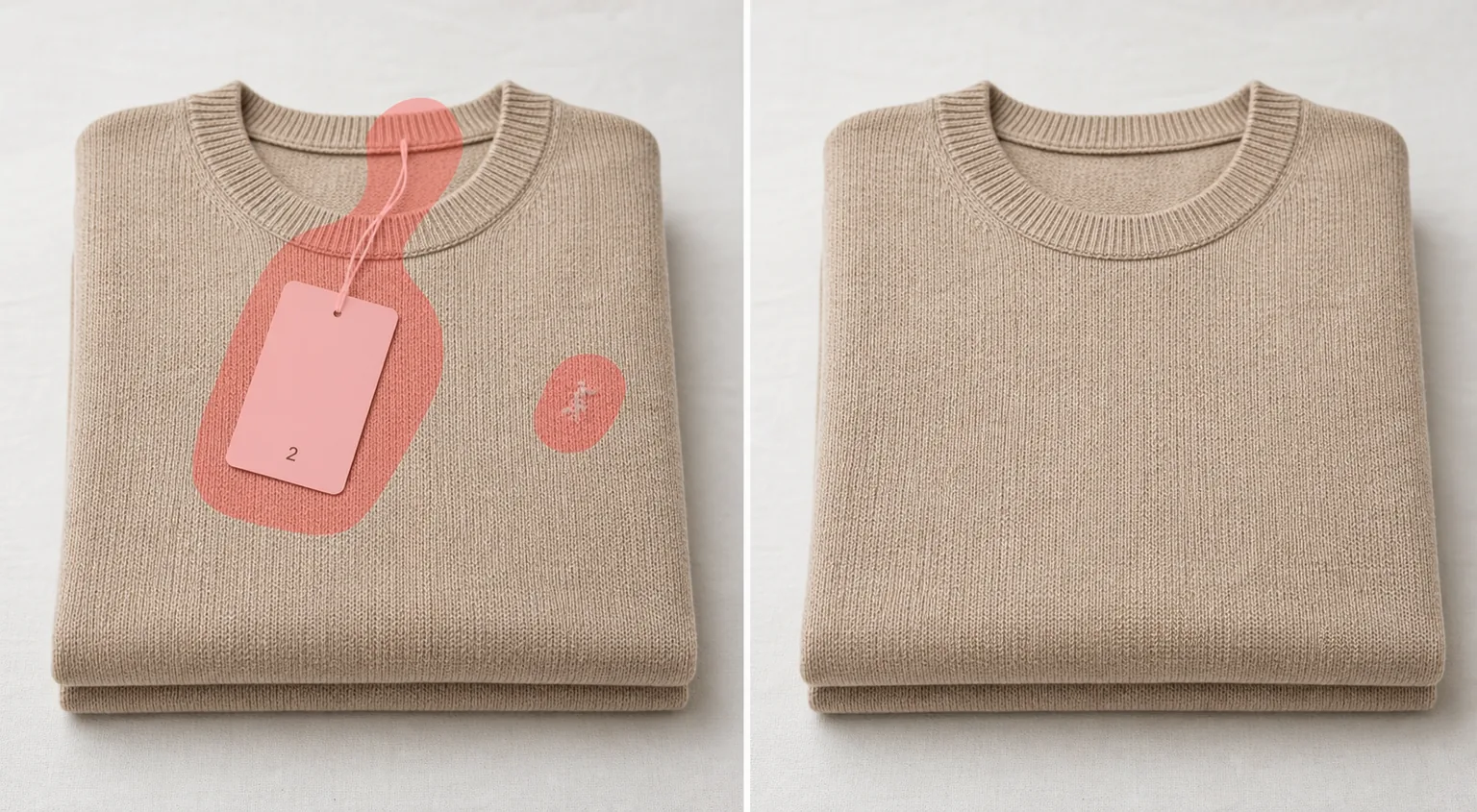 Before and after product photo showing a price tag, string, and adhesive mark removed from a folded sweater