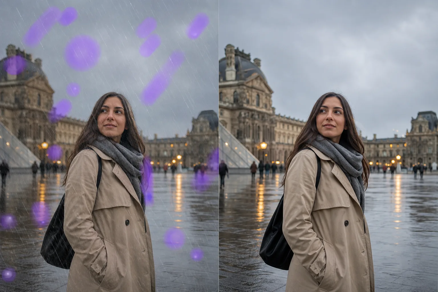 Before and after rainy travel photo showing masked rain streaks and lens droplets removed