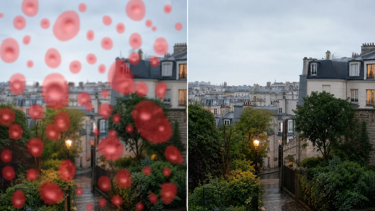 Before and after city photo showing brushed raindrops removed from rain-spattered glass