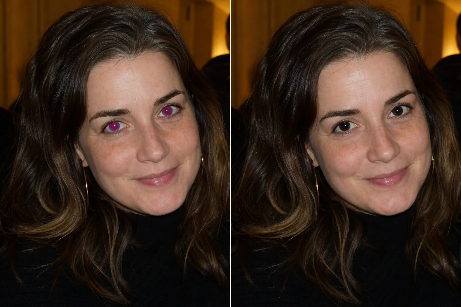 Before and after flash portrait showing masked red-eye pupils corrected to natural eye color