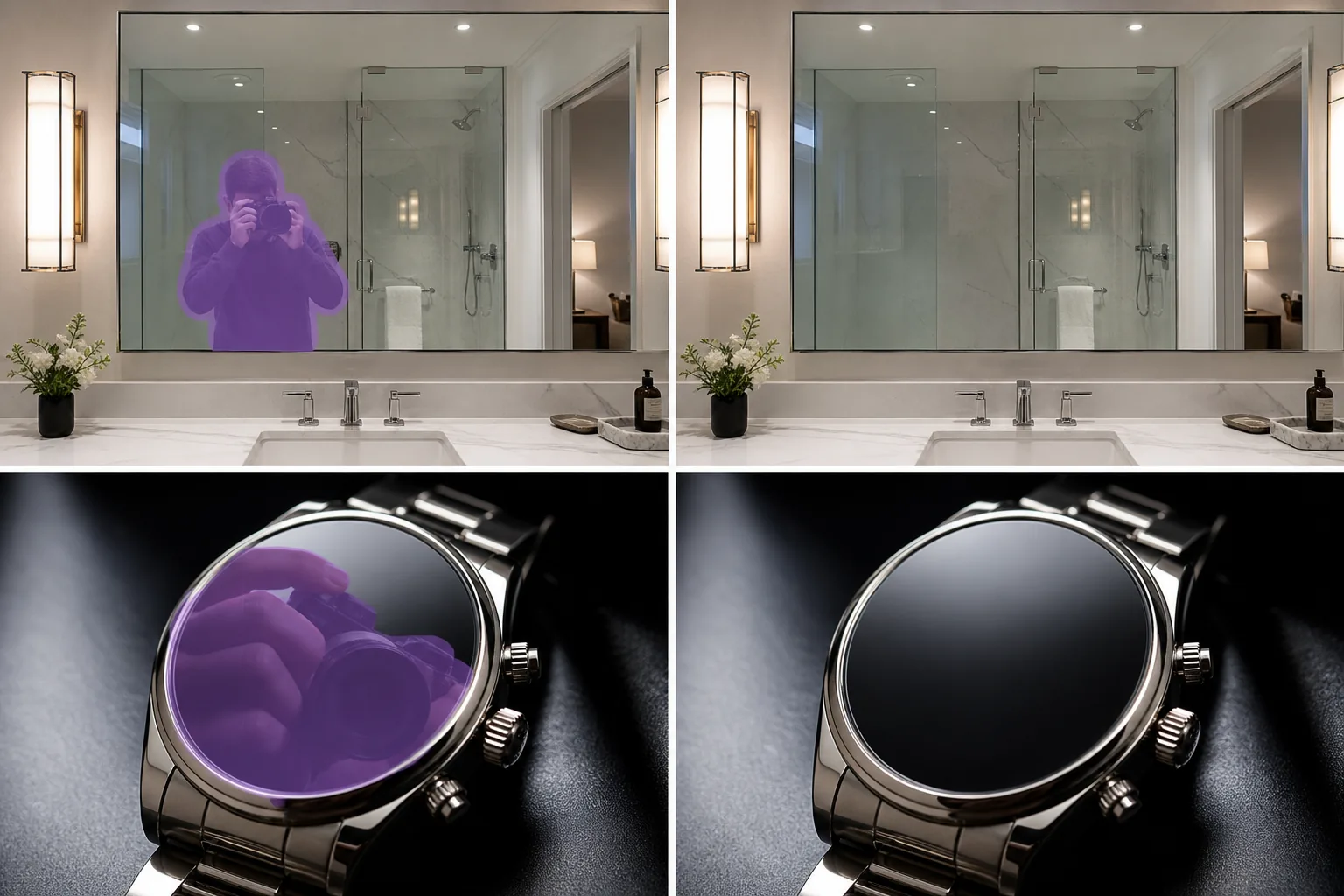 Before and after removing photographer reflections from a mirror and polished watch face with AI Fill