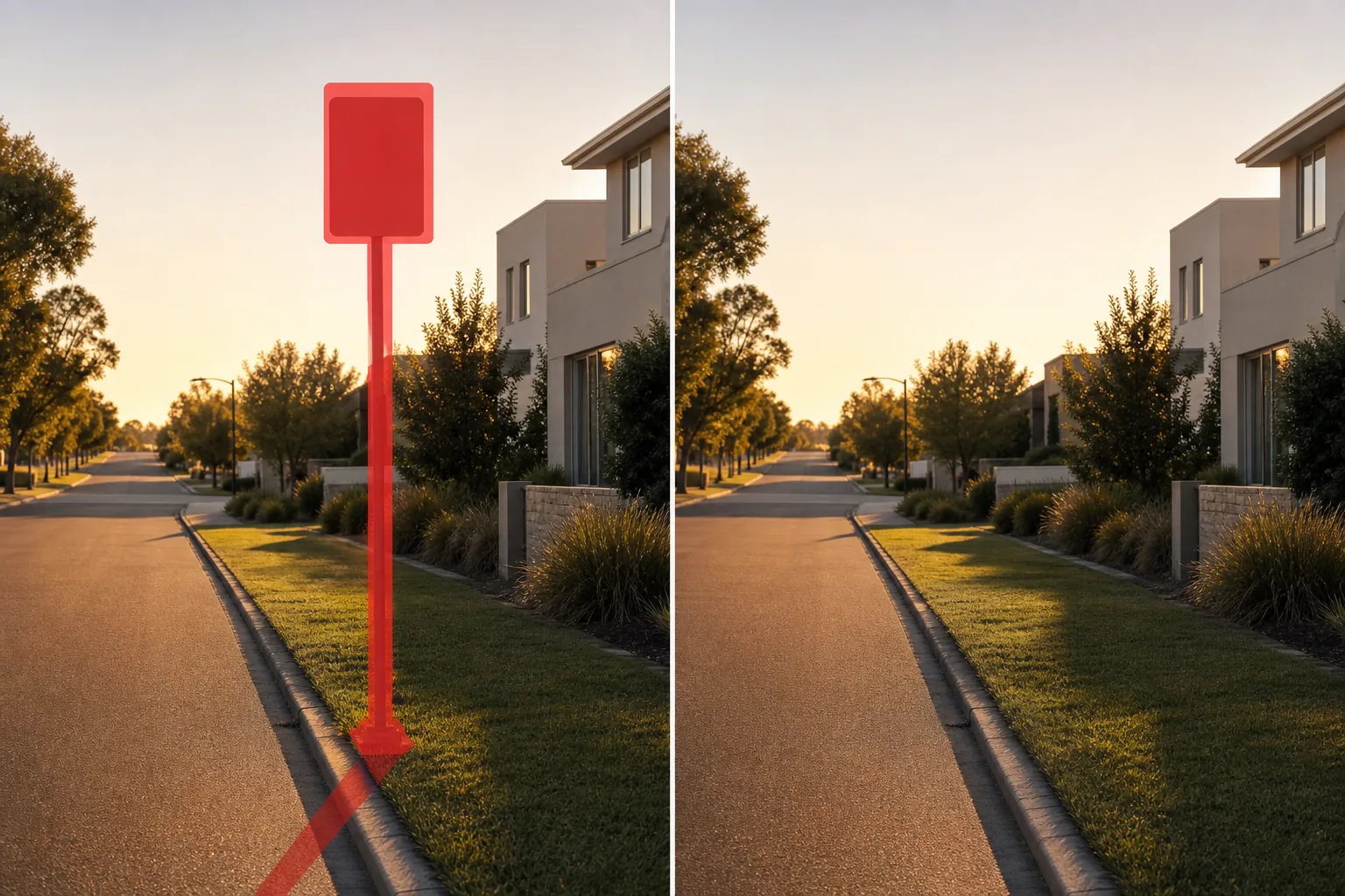 Before and after residential street photo showing a brushed road sign and post removed from the curb
