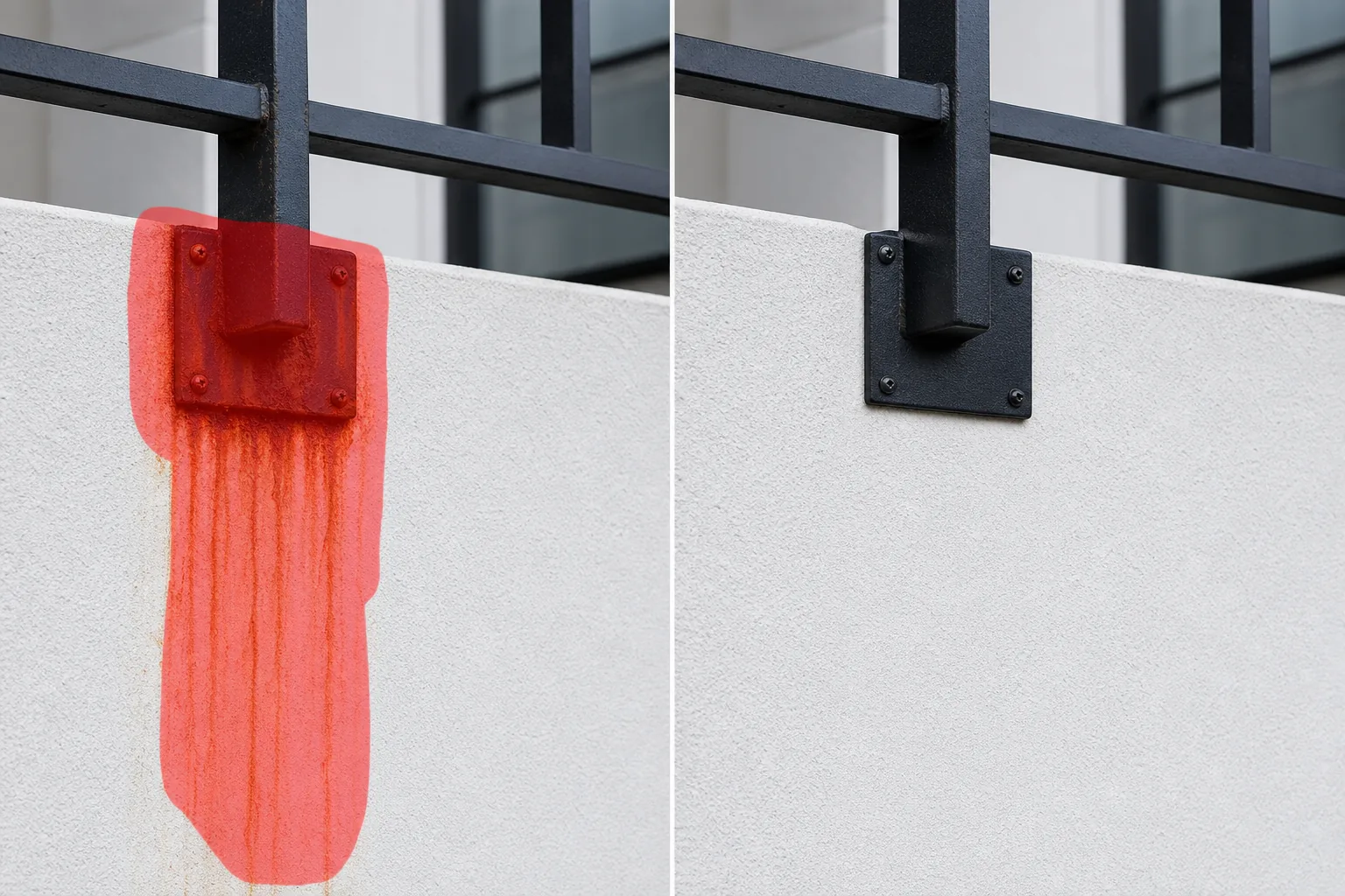 Before and after exterior wall photo showing brushed rust stains removed from a metal railing mount and stucco surface