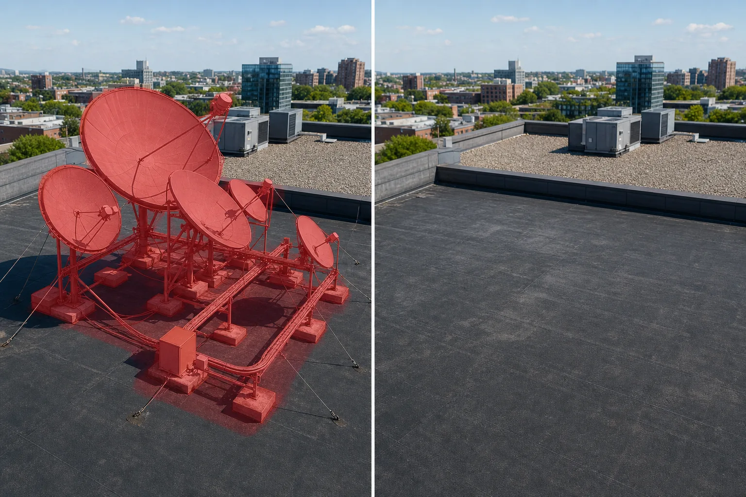 Before and after rooftop photo showing brushed satellite antenna arrays removed and roof membrane restored