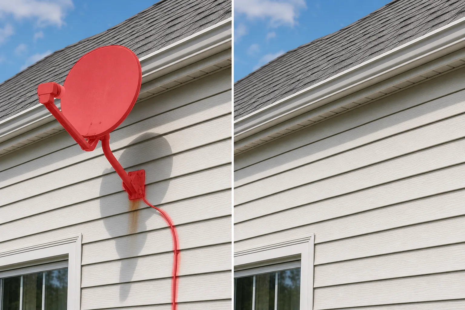 Before and after home exterior photo showing a brushed satellite dish, cable, shadow, and rust stain removed and siding restored