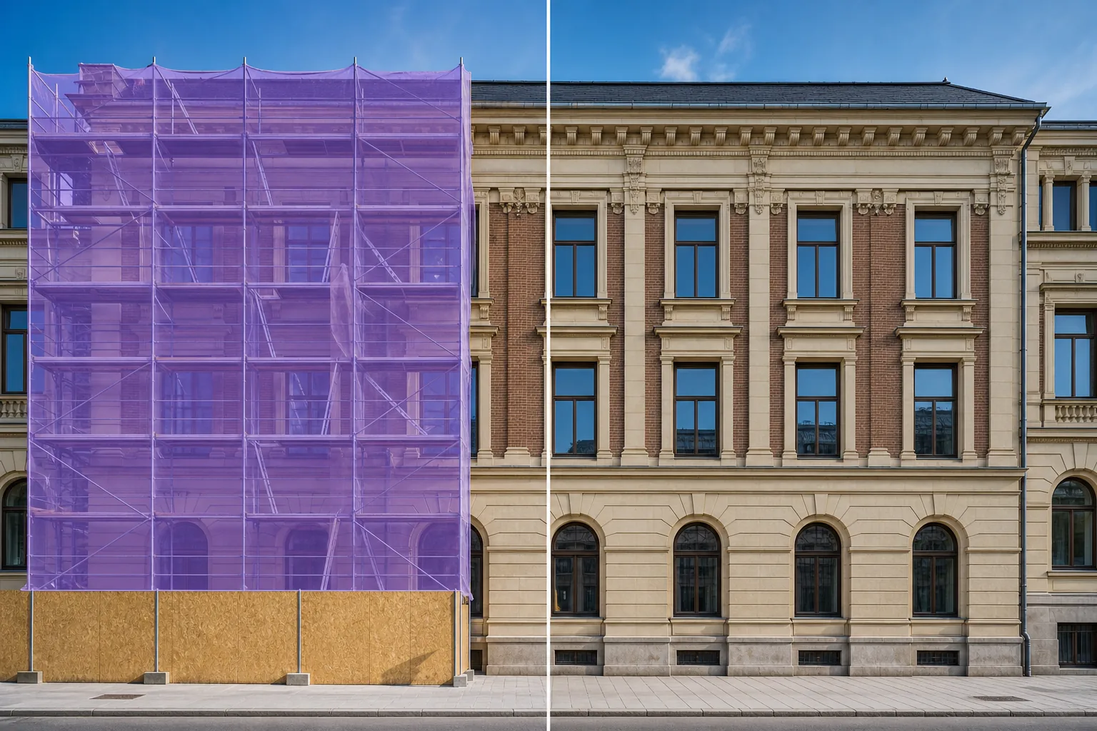 Before and after building facade showing scaffolding masked for removal and the restored architecture after AI cleanup
