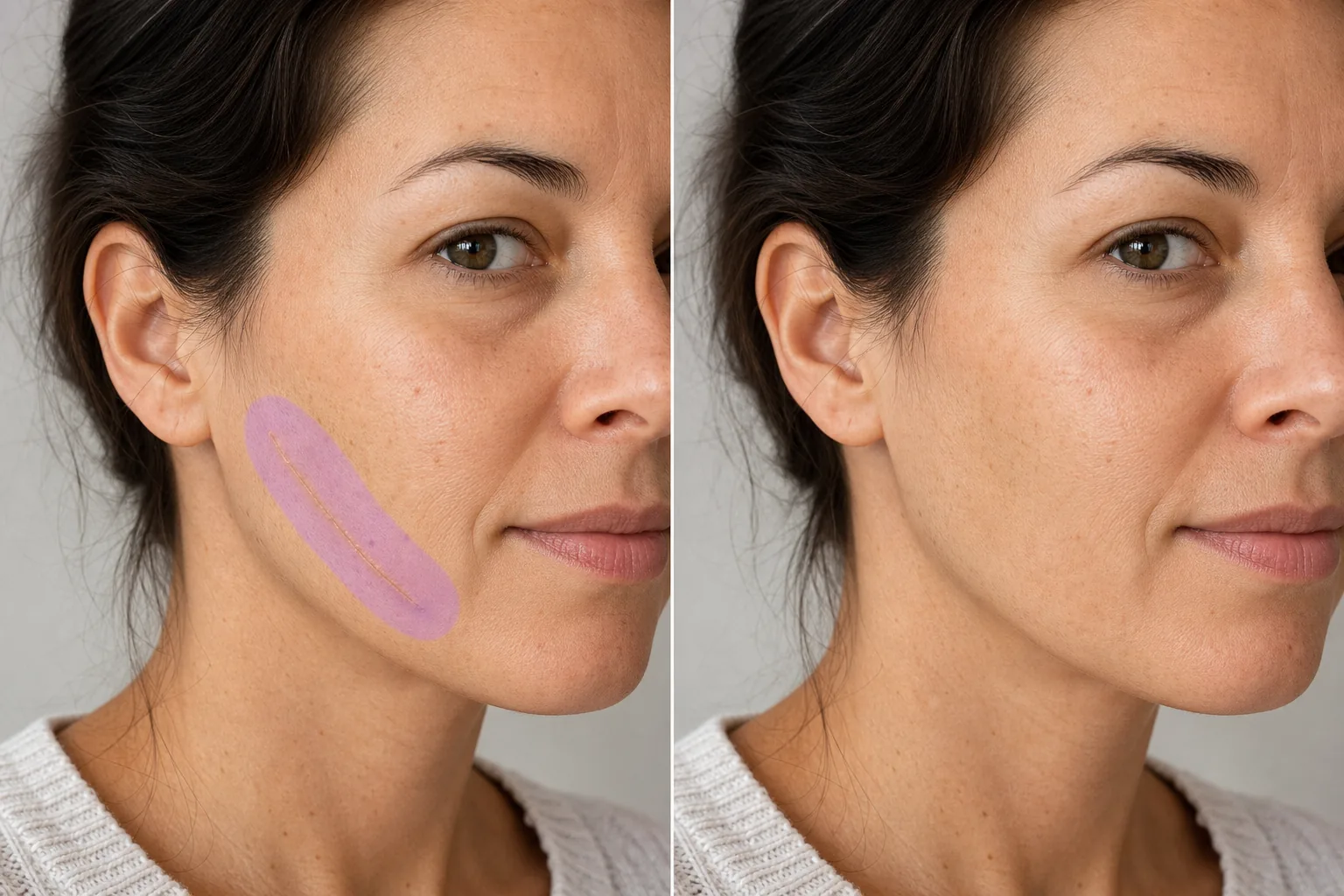 Before and after close-up portrait showing a masked cheek scar removed while natural skin texture remains