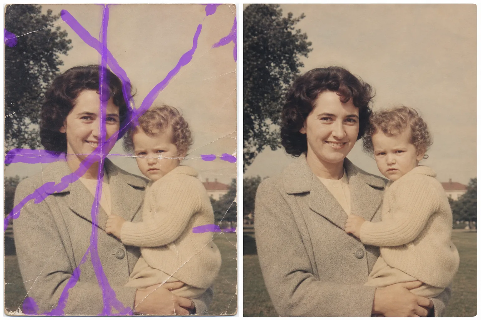 Before and after vintage portrait scan showing masked scratches removed and photo detail restored
