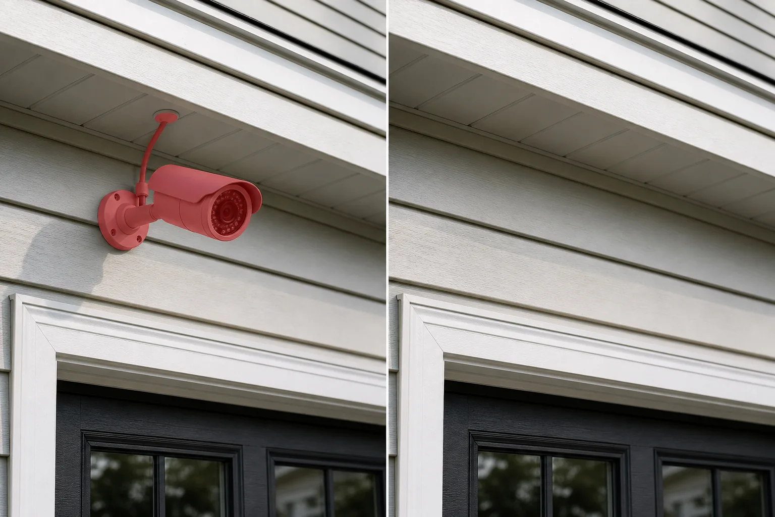 Before and after exterior entry photo showing a brushed security camera, bracket, cable, and shadow removed from siding