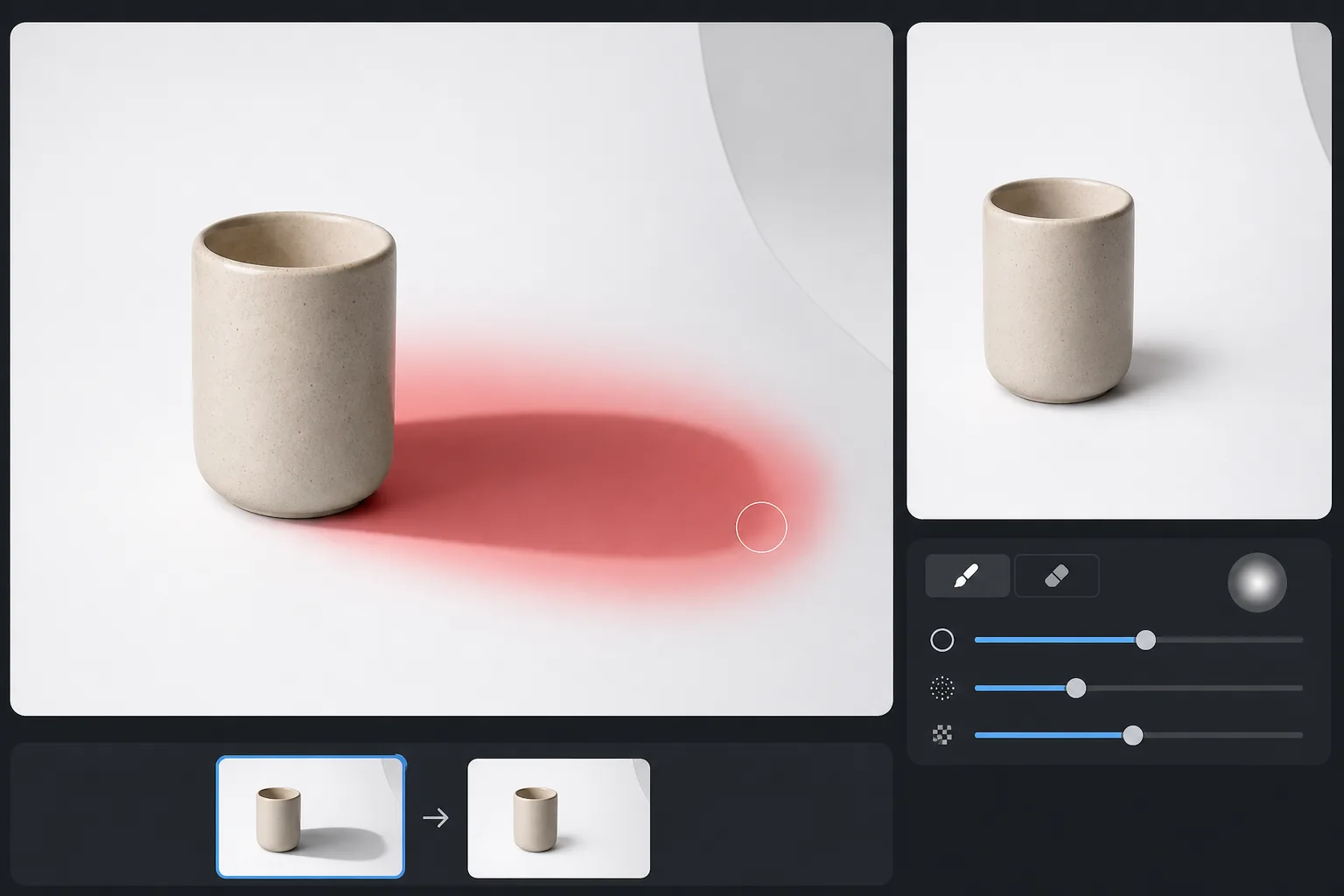 AI Fill editor brushing over a harsh product shadow and previewing a clean studio surface with natural contact shadow