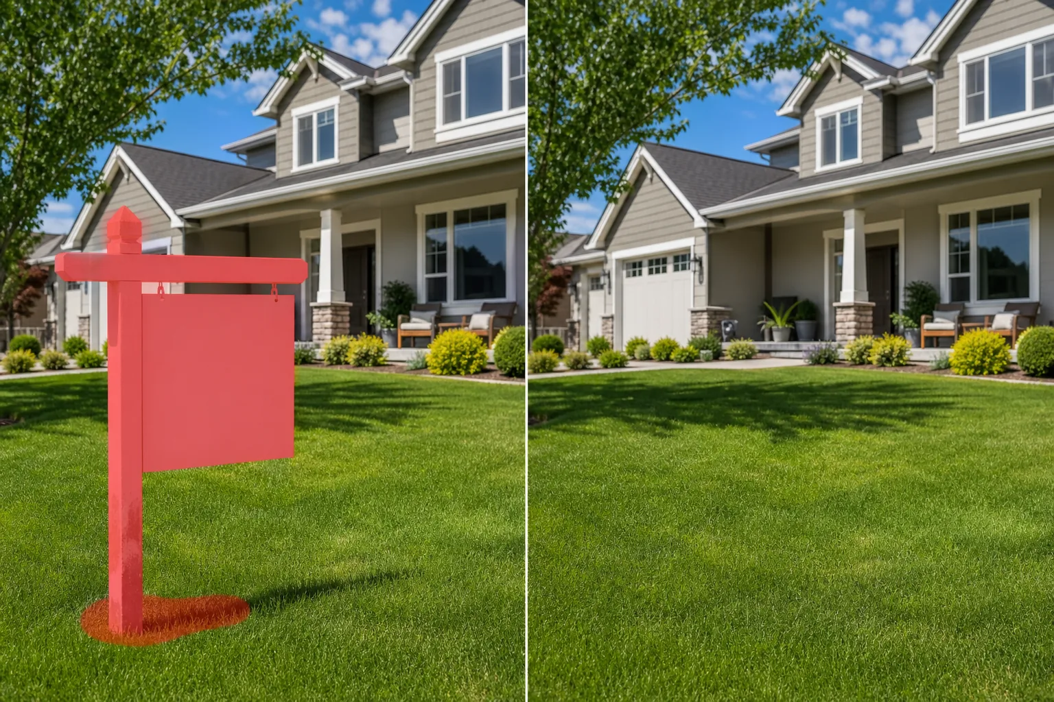 Before and after real estate lawn photo showing a brushed sign and post removed from the grass