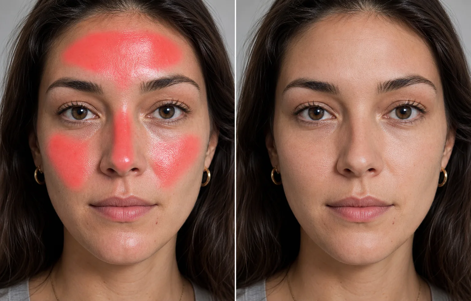 Before and after portrait showing shiny forehead, nose, and cheek highlights brushed and mattified