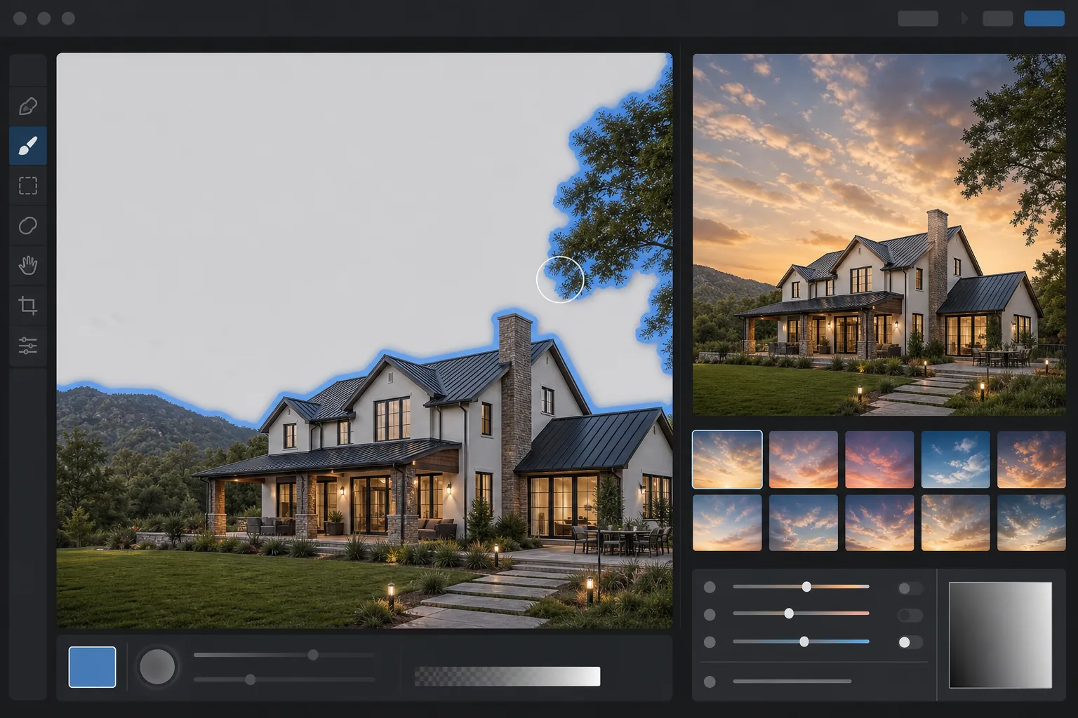 AI Fill editor detecting a gray sky around trees and rooflines and previewing a warm replacement sky
