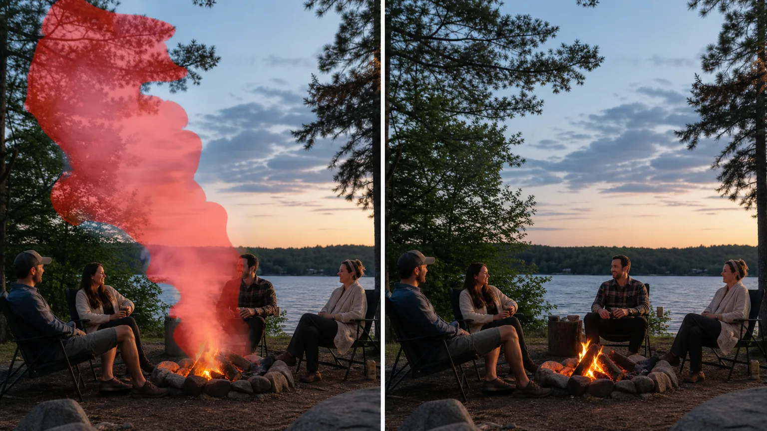 Before and after campfire photo showing a brushed smoke plume removed from people and sky